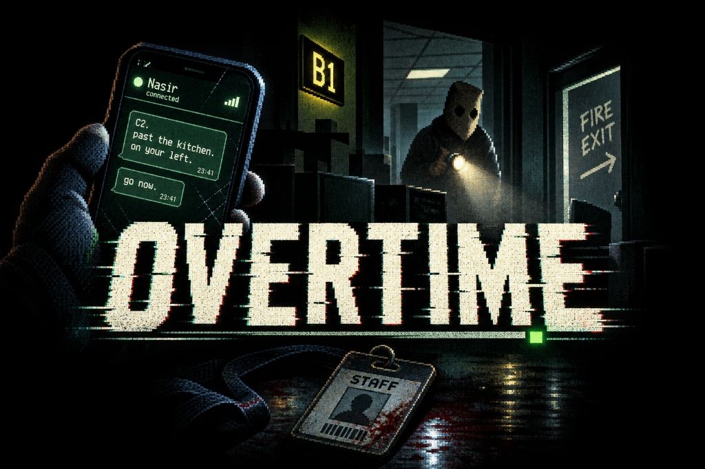 OVERTIME: a phone with chat messages and a masked figure in a dark office corridor next to a fire exit sign
